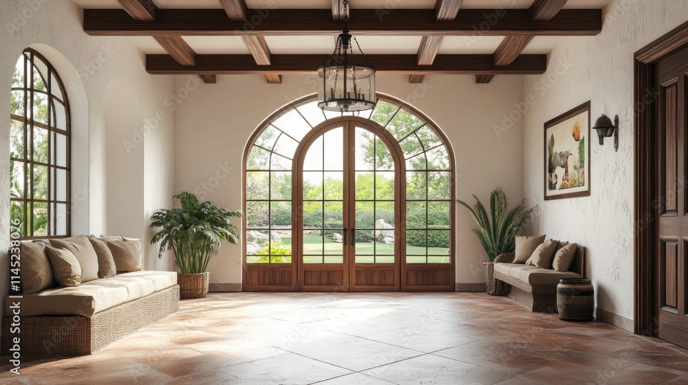 Sunlit entryway with arched doors, terracotta flooring, and wooden beams. Sunlit entryway with arched doors, terracotta flooring, and wooden beams.