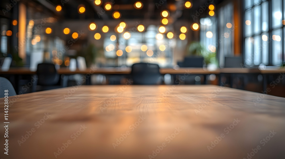 Close-up of a Wooden Table in a Blurred Modern Office Setting with Warm Lighting Close-up of a Wooden Table in a Blurred Modern Office Setting with Warm Lighting