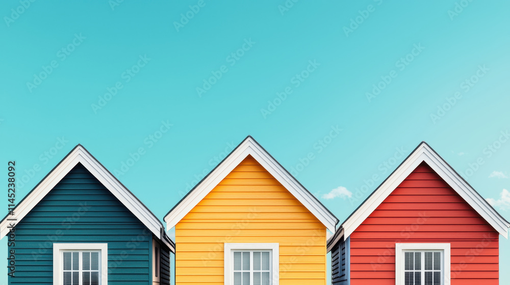 Lookup view Colorful house with clear blue sky, Close up facade