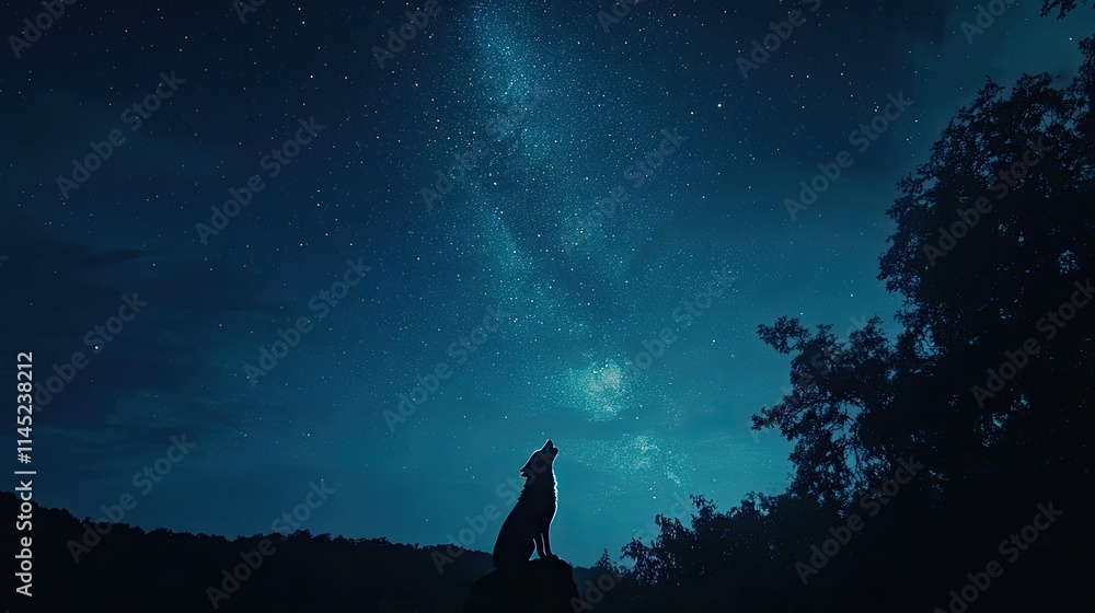 Fototapeta premium Wolf Howling Under Starry Sky with Milky Way Galaxy Background