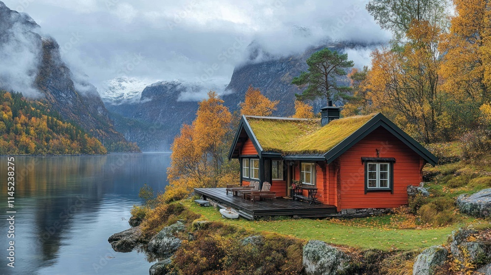 A cozy red cabin by a serene lake surrounded by autumn foliage and mountains. A cozy red cabin by a serene lake surrounded by autumn foliage and mountains.