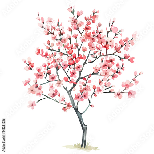 A watercolor vector of the first spring blossoms on a tree, isolated on a white background. Blossoms vector.
