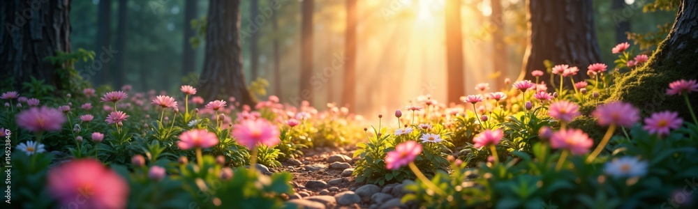 Obraz premium Misty sunlight illuminates fairy wonderland forest. Glowing pink flowers carpet path. Sunlight filters through trees creating magical atmosphere. Beautiful flowers everywhere. Forest path lined with