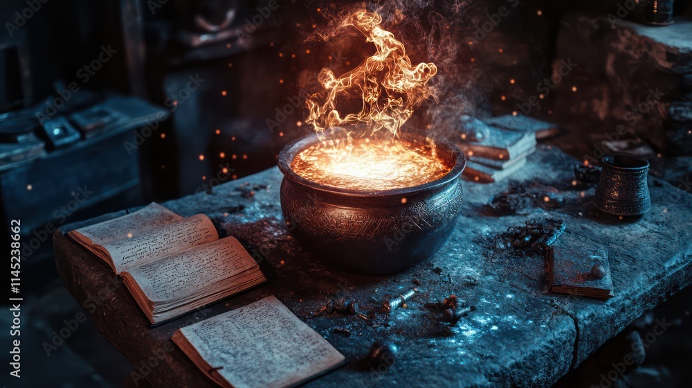 A stunning photo of a medieval wizards workspace, featuring a glowing cauldron, ancient spellbooks, and magical artifacts scattered on a stone table. A stunning photo of a medieval wizards workspace, featuring a glowing cauldron, ancient spellbooks, and magical artifacts scattered on a stone table.