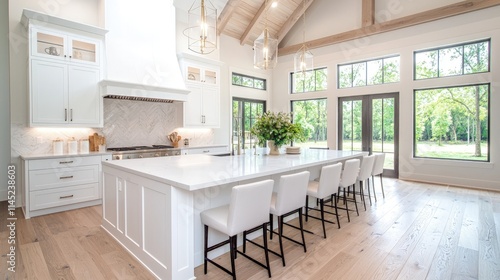 Wallpaper Mural Bright white kitchen with large island, hardwood floors, and expansive windows overlooking a green landscape. Torontodigital.ca
