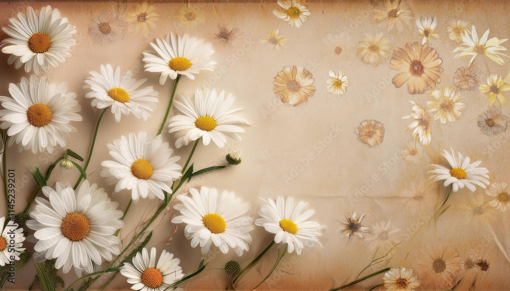 Obraz premium Fresh white daisies with yellow centers bloom against a soft beige background with delicate flower reflections.