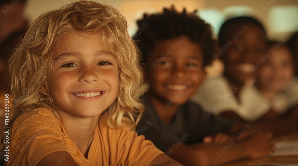 Happy diverse schoolchildren smiling in classroom. Happy diverse schoolchildren smiling in classroom.