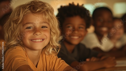 Happy diverse schoolchildren smiling in classroom.