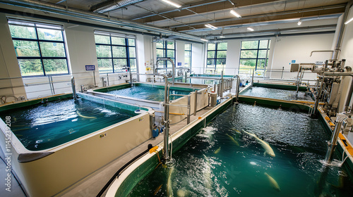 Wallpaper Mural Aquaculture facility with large tanks containing various species of fish, sustainable farming practices, and advanced technology for water quality monitoring and feeding systems.  Torontodigital.ca