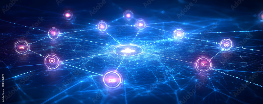 Abstract 3D Network Illustration: Data Nodes Connected to Central Hub in a Blue Digital Space Abstract 3D Network Illustration: Data Nodes Connected to Central Hub in a Blue Digital Space