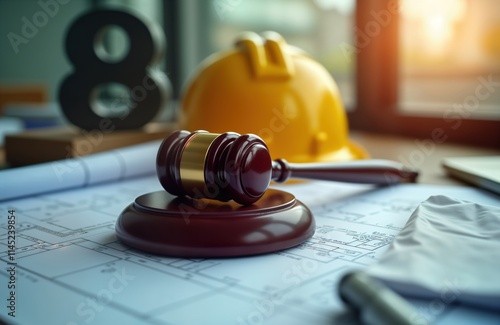 Wooden gavel sits on building blueprint. Yellow safety helmet, construction plans also visible. Legal document relates to construction project. Judge could use gavel to rule on building projects. photo