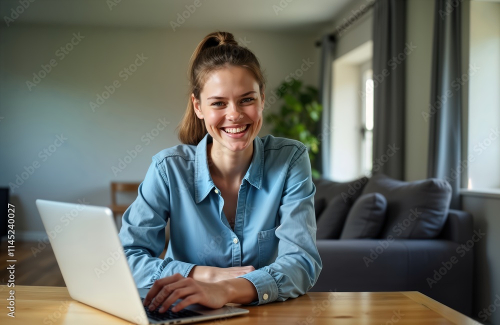 Fototapeta premium Smiling young woman uses laptop at home. Relaxed indoor setting. Modern casual attire. Woman looks happy, connected. Sits comfortably. Looks focused on work study. Home tech use, digital