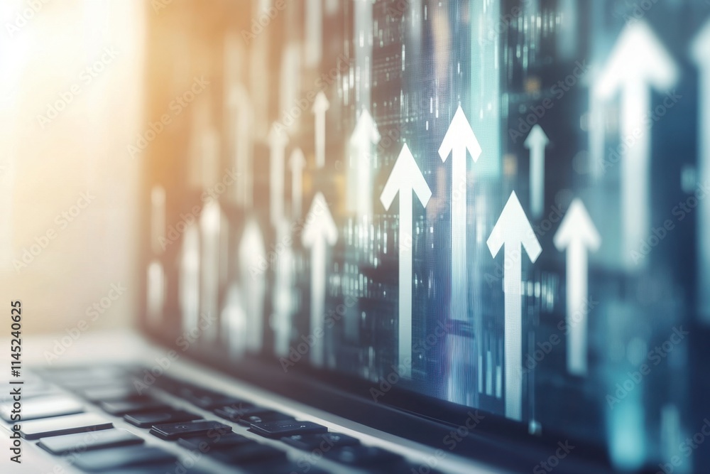 Arrows pointing upwards on a laptop screen with a business growth concept, white arrows on a grey background, representing technology and digital marketing Generative AI Arrows pointing upwards on a laptop screen with a business growth concept, white arrows on a grey background, representing technology and digital marketing Generative AI