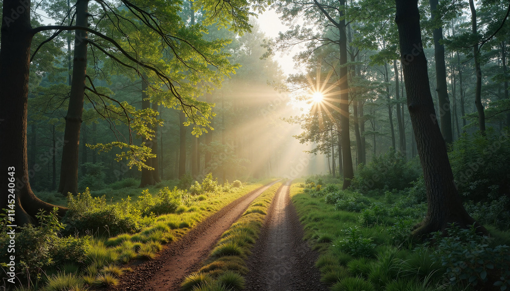 Naklejka premium Sunlit forest path with lush greenery and morning rays.