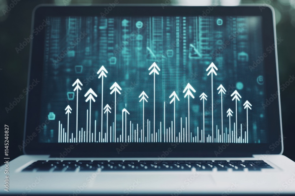 White arrows pointing up and down on a laptop computer screen, with a digital background featuring upward-trending arrow charts Generative AI