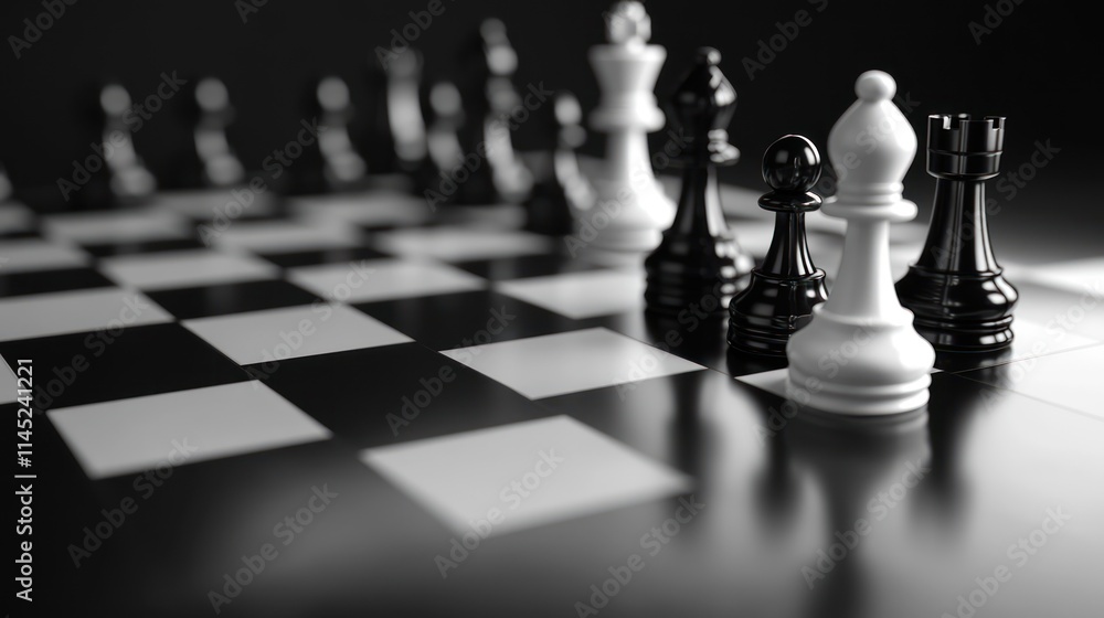Strategic Chess Game Close-Up: Black and White Pieces on Board Strategic Chess Game Close-Up: Black and White Pieces on Board