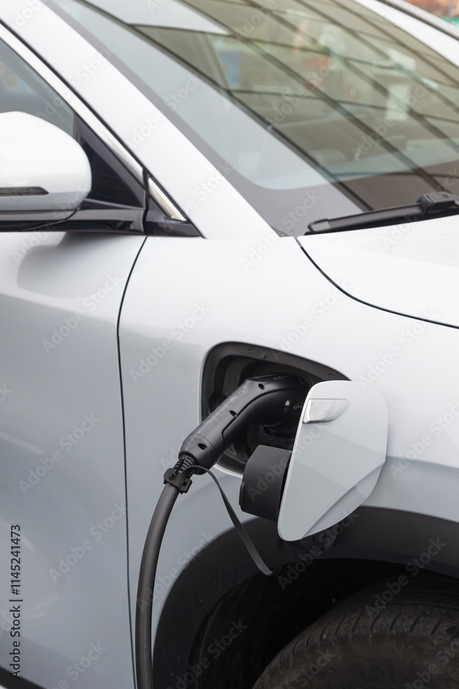 Close-up of an electric vehicle being charged. The white car is connected to a charging station via a black cable, highlighting eco-friendly transportation trends. Close-up of an electric vehicle being charged. The white car is connected to a charging station via a black cable, highlighting eco-friendly transportation trends.