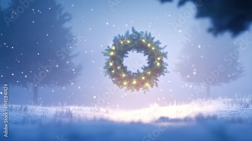 Imagen de una corona navideña con luces en un paisaje nevado
