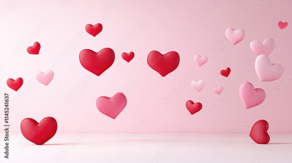 Colorful 3D Hearts Floating Against a Soft Pink Background Colorful 3D Hearts Floating Against a Soft Pink Background