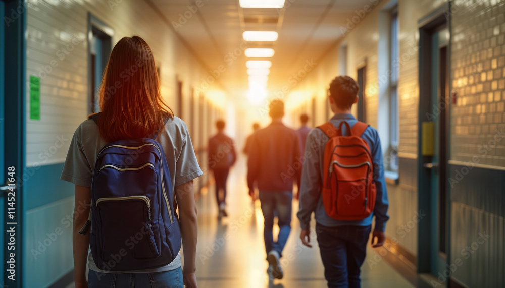 Students walk in highschool hallway. Back view of teenagers and young adults with backpacks. Sunlight streams into the school corridor. Education setting indoors. Modern school interior. Students walk in highschool hallway. Back view of teenagers and young adults with backpacks. Sunlight streams into the school corridor. Education setting indoors. Modern school interior.