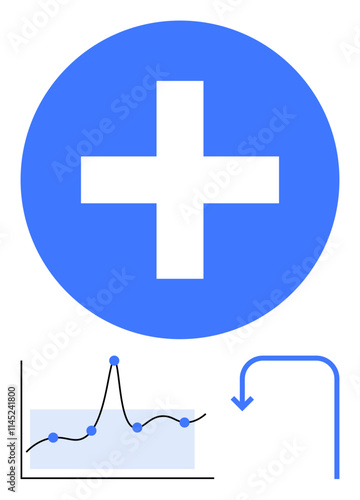 Cross in blue circle fluctuating growth chart, downwards arrow. Ideal for healthcare, analysis, data trends, progress, innovation, medical themes. Line metaphor