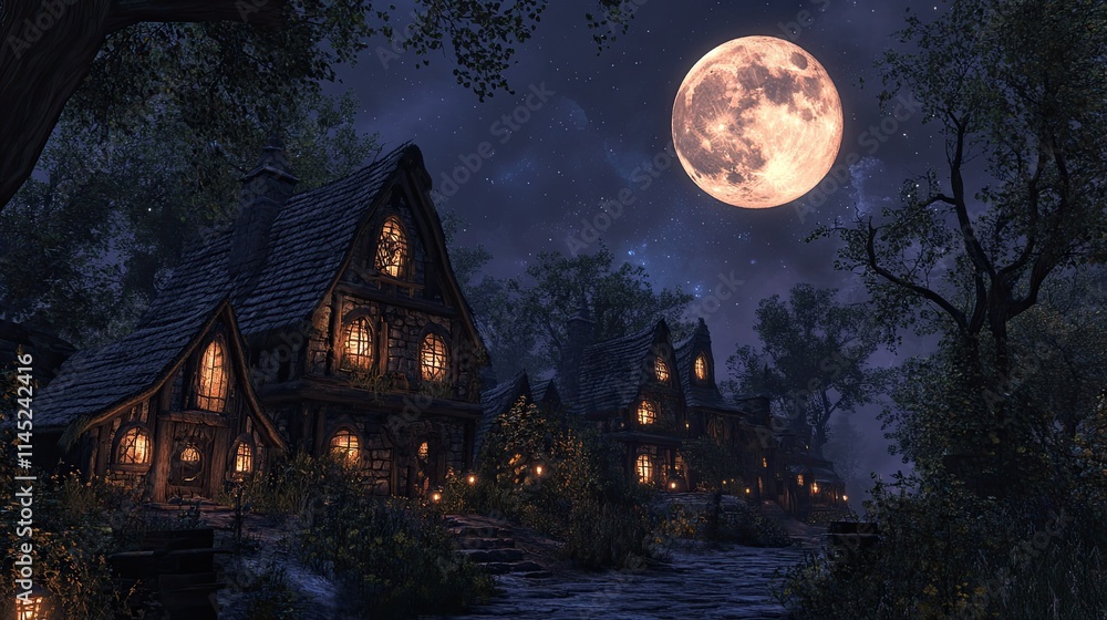 Enchanted Village in the Sky: Fairytale Town Under the Full Moon. Enchanted Village in the Sky: Fairytale Town Under the Full Moon.