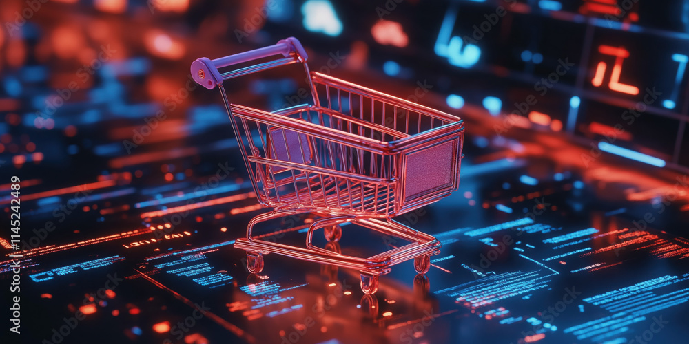 Futuristic Digital Shopping Cart with Glowing Tech Features Representing E-Commerce Innovation and Online Retailing Futuristic Digital Shopping Cart with Glowing Tech Features Representing E-Commerce Innovation and Online Retailing