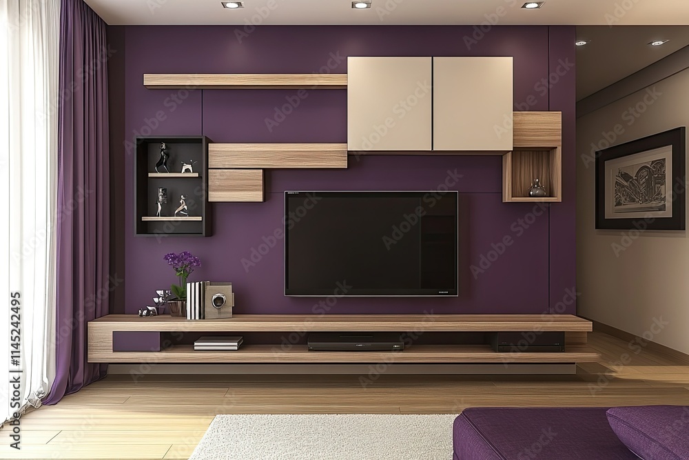stylish display wooden shelf wall in living room with purple and cream elegant panels wall stylish display wooden shelf wall in living room with purple and cream elegant panels wall