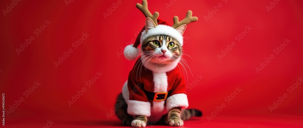 Cat dressed as Santa Claus. Red background. Cat dressed as Santa Claus. Red background.