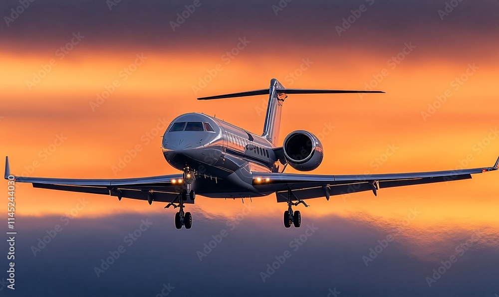 A jet airplane approaches for landing against a vibrant sunset backdrop. A jet airplane approaches for landing against a vibrant sunset backdrop.