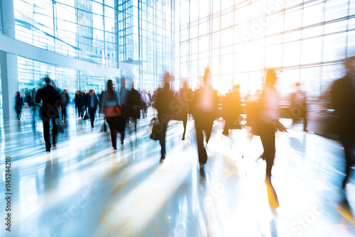 Businesspeople crowd fastmoving in an office lobby background with motion blur
