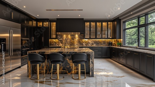 Luxurious modern kitchen with dark cabinetry, gold marble island, and stainless steel appliances. photo