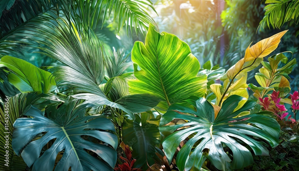 Fototapeta premium Lush Tropical Foliage Plant Bush Featuring Monstera, Palm Leaves, Calathea, Cordyline, and Hawaiian Ti Plant for a Vibrant Indoor or Outdoor Garden Aesthetic