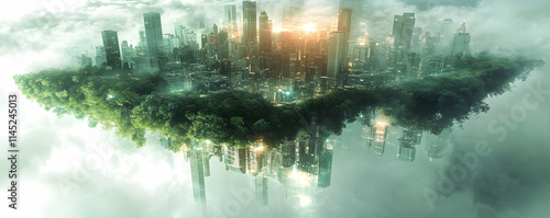 Surreal Cityscape: An inverted metropolis floats amidst lush green foliage, reflected in tranquil waters above a misty landscape.