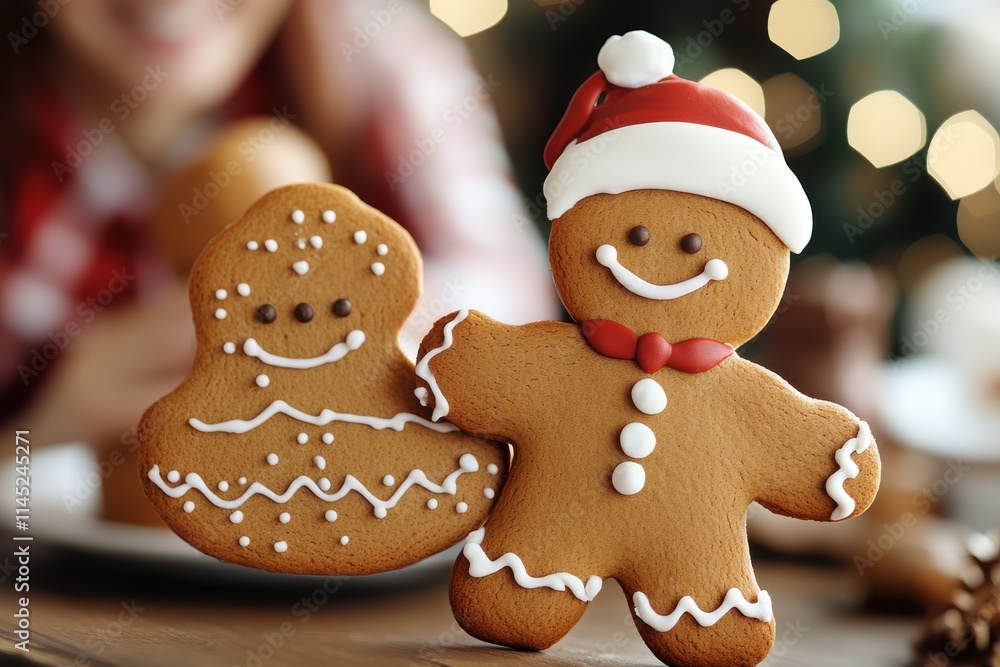 Cheerful gingerbread cookies embellished with festive decorations and surrounded by warm holiday elements create a scene of joy and celebration, indoors and cozy. Cheerful gingerbread cookies embellished with festive decorations and surrounded by warm holiday elements create a scene of joy and celebration, indoors and cozy.