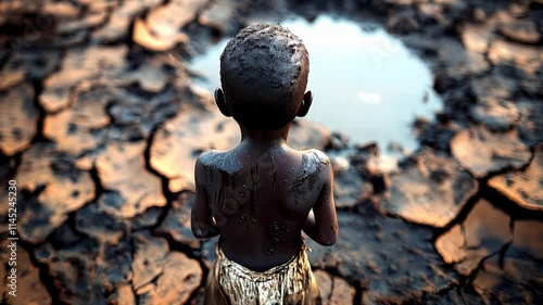 Hungry boy on the dry land. Back view