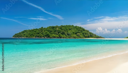 Stunning Tropical Island Beach Wallpaper Experience the Serenity of Crystal Clear Waters, Soft White Sands, and Lush Greenery in a Perfect Tropical Paradise Escape for Your Device.