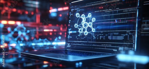 Wallpaper Mural A laptop displays data visualization and molecular structures in a digital environment. Torontodigital.ca