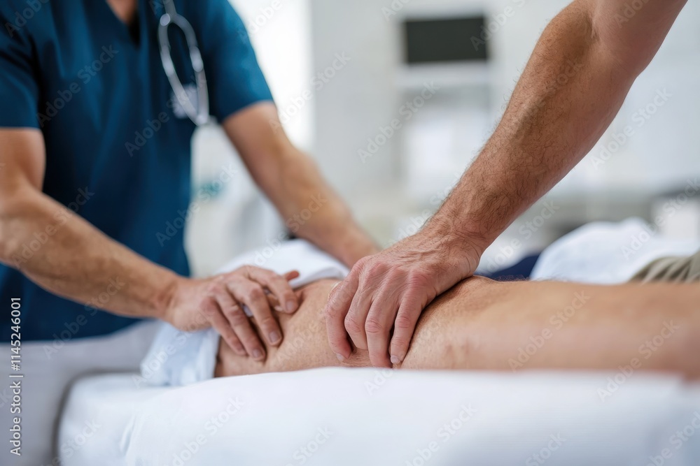 A healthcare worker in blue uniform applies manual massage to a patient's leg, likely focusing on the muscles for therapeutic or rehabilitative purposes in a clinical setting. A healthcare worker in blue uniform applies manual massage to a patient's leg, likely focusing on the muscles for therapeutic or rehabilitative purposes in a clinical setting.
