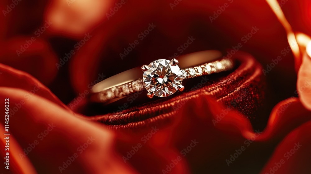 A luxurious diamond ring, surrounded by blooming roses, rests on velvet, showcasing symbol of love, romance, and elegance in a classically styled composition. A luxurious diamond ring, surrounded by blooming roses, rests on velvet, showcasing symbol of love, romance, and elegance in a classically styled composition.