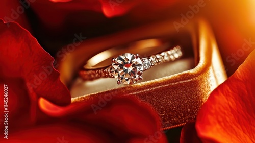 A classic solitaire diamond ring is magnificently displayed on a plush red velvet box, surrounded by rich hues of roses, embodying timeless elegance and romance. photo