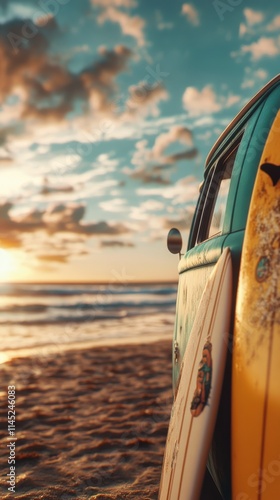 A classic camper van is parked by the coast with surfboards propped against it, embodying the spirit of adventure and freedom at a golden hour by the sea. photo