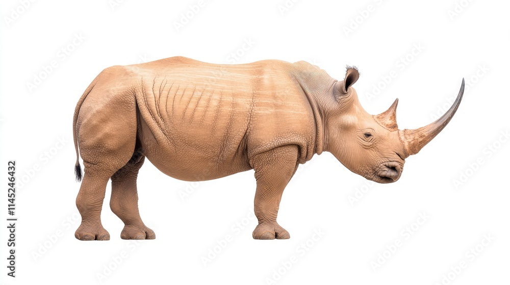 Fototapeta premium White rhinoceros standing profile, isolated on white background.