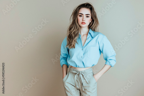 Full length portrait of a beautiful girl in her 25s wearing a light blue blouse and beige trousers in casual style, standing on a light brown solid background photo