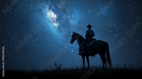 Cowboy silhouetted on horseback under a starry night sky. photo