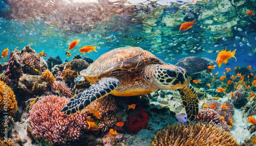 Fototapeta premium A Vibrant Underwater Scene Featuring a Turtle Surrounded by Colorful Fish and Sea Animals Amidst Stunning Coral Reefs in the Ocean