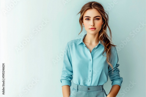 Full length portrait of a beautiful girl in her 20s wearing a light blue blouse and light blue trousers in casual style, standing against a light solid color background