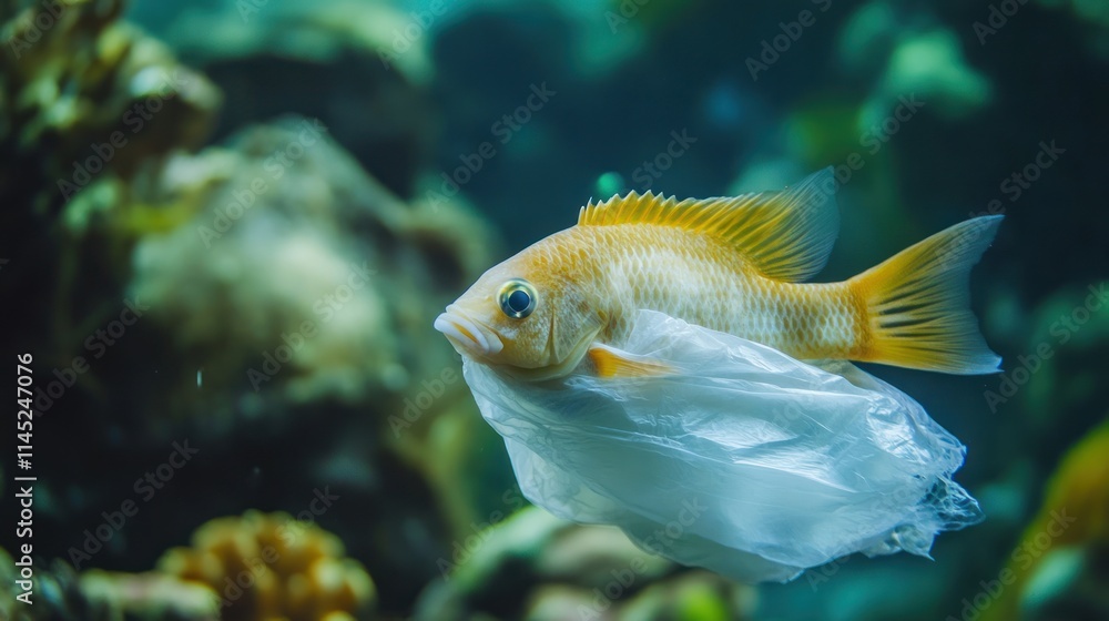 A fish swims with a plastic bag, highlighting marine pollution. A fish swims with a plastic bag, highlighting marine pollution.