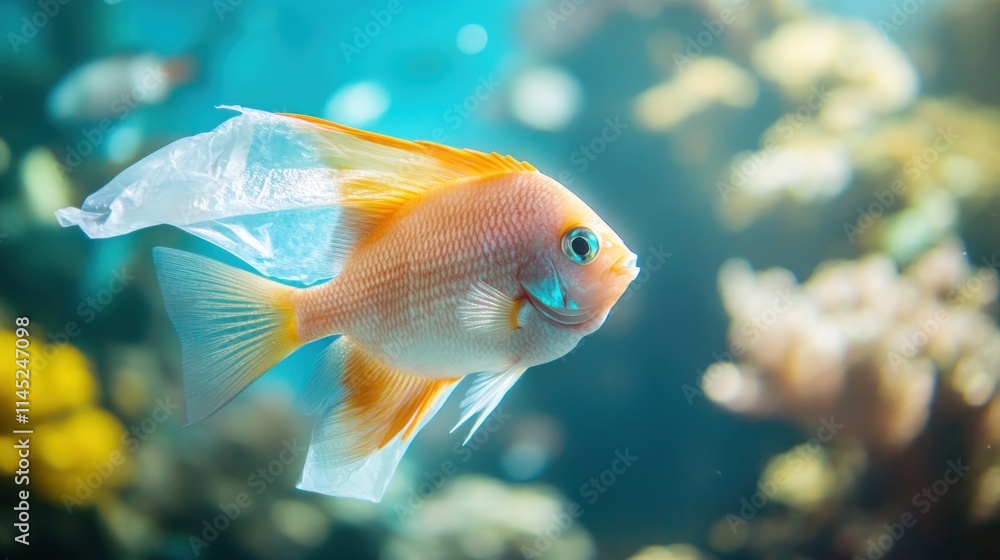 Obraz premium A fish swims with a plastic bag, highlighting ocean pollution.