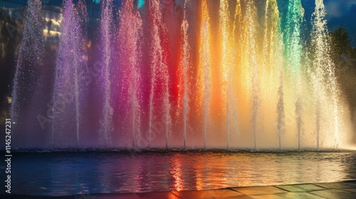Fuente iluminada de colores en una ciudad